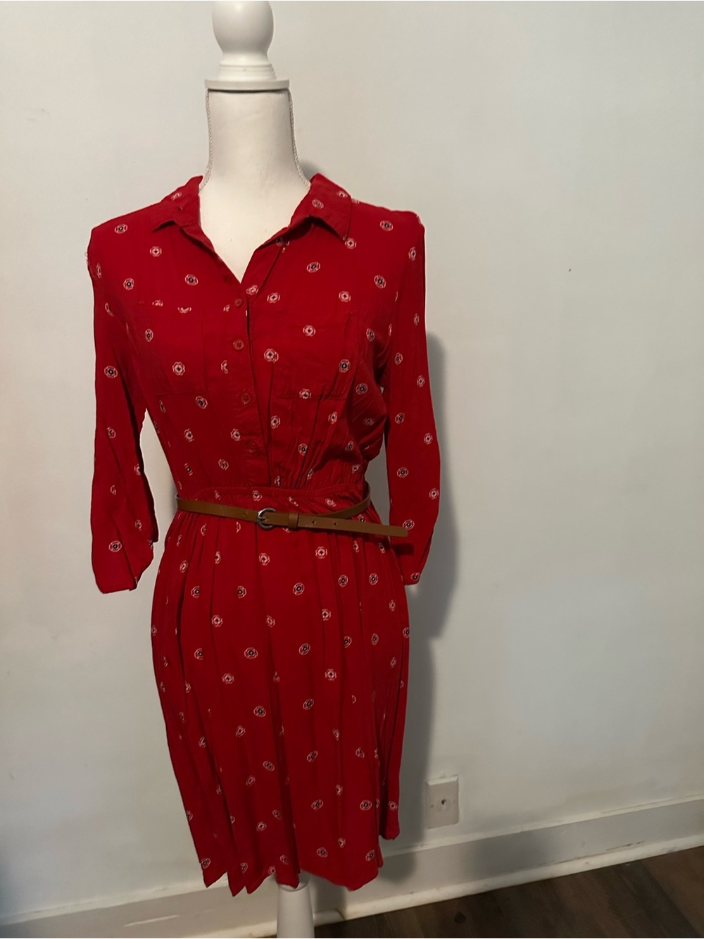 Faded Glory Red Printed Midi Shirt Dress with Brown Belt